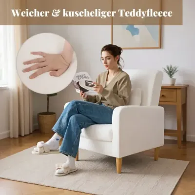 Kreslo Teddy s bedrovým vankúšom a drevenými nohami Čalúnené kreslo do 150 kg nosnosti Béžová