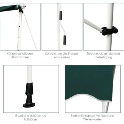Markíza s upínacou svorkou, 200 cm široká, balkónová markíza bez vŕtania, UV odolná, výškovo nastaviteľná, zelená