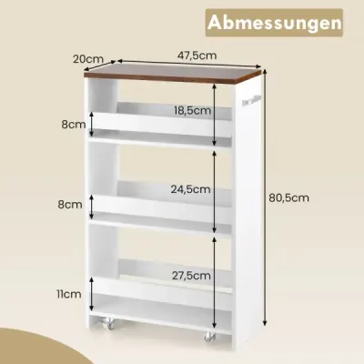 20 cm široký kuchynský vozík na kolieskach so 4 úrovňami, úzky kuchynský vozík, servírovací vozík, biely