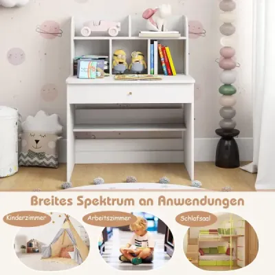 Detský písací stôl so zásuvkou a úložným priestorom, drevený študentský písací stôl, detský stôl, biely