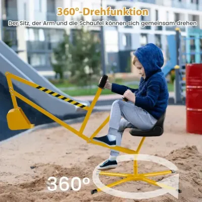 Sedadlový bager otočný o 360° na kovovú konštrukciu s lopatou a obojručným ovládaním, žltý