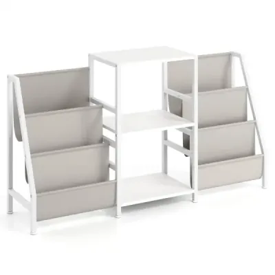 Stojan na gramofóny s vinylovou poličkou a 3 policami a 6 úložnými vreckami, biely