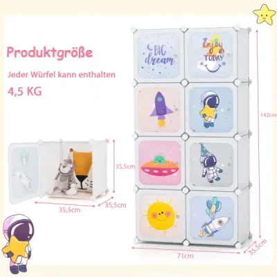 Detský policový systém do šatníka z plastu s 8 kockami. Rozšíriteľná detská polica s dvierkami a 2 vešiakmi. Biela. Detský policový systém do šatníka z plastu s 8 kockami. Rozšíriteľná detská polica s dvierkami a 2 vešiakmi. Biela.