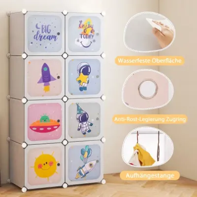 Detský policový systém do šatníka z plastu s 8 kockami. Rozšíriteľná detská polica s dvierkami a 2 vešiakmi. Biela. Detský policový systém do šatníka z plastu s 8 kockami. Rozšíriteľná detská polica s dvierkami a 2 vešiakmi. Biela.