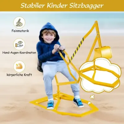 Sedadlový bager otočný o 360°, na ktorom sa dá sedieť, kovový bager, pieskovisko s lopatou, bager s obsluhou, žltý