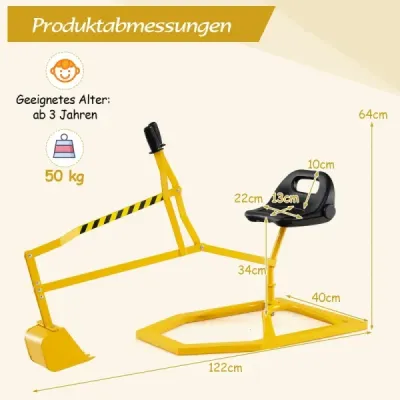 Sedadlový bager otočný o 360°, na ktorom sa dá sedieť, kovový bager, pieskovisko s lopatou, bager s obsluhou, žltý