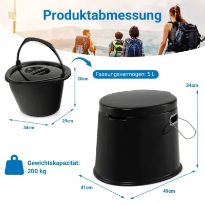 Prenosná kempingová toaleta s odnímateľnou vložkou do vedra, cestovná toaleta, nosnosť do 200 kg, čierna