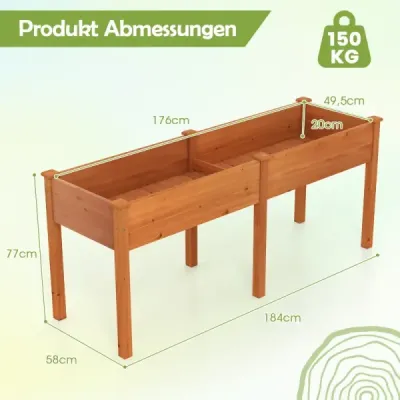 Vyvýšený záhon na nohách 185 x 58 x 77 cm, drevený kvetináč s deliacou prepážkou, žltý