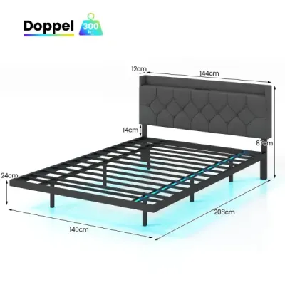 Plávajúci rám postele s LED osvetlením, moderná posteľ s platformou, nastaviteľným čalúneným čelom a nabíjacou stanicou, sivá Plávajúci rám postele s LED osvetlením, moderná posteľ s platformou, nastaviteľným čalúneným čelom a nabíjacou stanicou, sivá