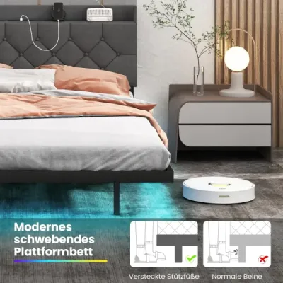 Plávajúci rám postele s LED osvetlením, moderná posteľ s platformou, nastaviteľným čalúneným čelom a nabíjacou stanicou, sivá Plávajúci rám postele s LED osvetlením, moderná posteľ s platformou, nastaviteľným čalúneným čelom a nabíjacou stanicou, sivá