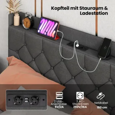 Plávajúci rám postele s LED osvetlením, moderná posteľ s platformou, nastaviteľným čalúneným čelom a nabíjacou stanicou, sivá Plávajúci rám postele s LED osvetlením, moderná posteľ s platformou, nastaviteľným čalúneným čelom a nabíjacou stanicou, sivá