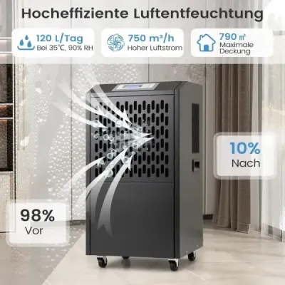 Elektrický stavebný sušič 118L/T s odtokovou hadicou a časovačom, komerčný odvlhčovač, čierny