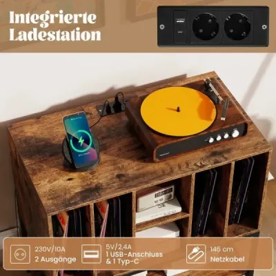 Stojan na gramofón s nabíjacou stanicou a úložným priestorom na vinyly Bočná skrinka Polička na vinyly Káva
