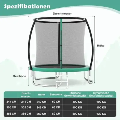 Trampolína Ø244 cm s rebríkom a bezpečnostnou sieťou okrúhla záhradná trampolína detská trampolína zelená