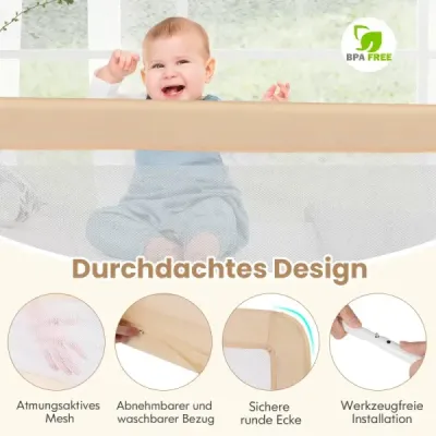 150 cm dlhá zábrana na posteľ pre batoľatá skladacia zábrana na detskú posteľ s odnímateľným poťahom priedušná sieťovina béžová