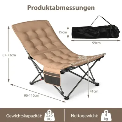 Skladacia kempingová stolička s nastaviteľným operadlom a nosnosťou 225 kg, khaki