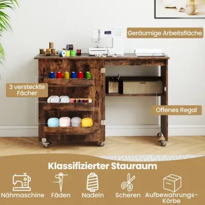 Skladací šijací stôl, koliesková stanica na kreatívne potreby s úložným priestorom, 3 skryté nádoby, mobilný šijací stôl, 118,5 x 40 x 79,5 cm, hnedý