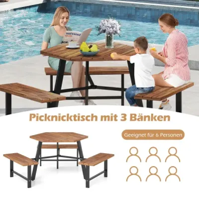 6-miestna pikniková súprava z akáciového dreva, záhradný stôl s 3 miestami na sedenie a otvorom pre slnečník