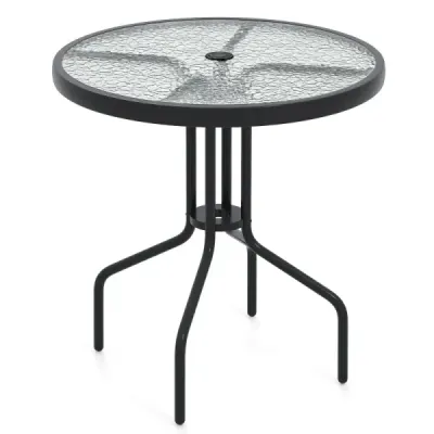 Záhradný stôl s otvorom na slnečník 70x70x71cm Bistro stôl s doskou z tvrdeného skla