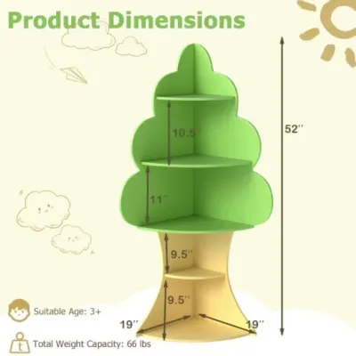 Detská drevená knižnica v štýle stromčeka s 5 úrovňami, detská polica na hračky, zelená Detská drevená knižnica v štýle stromčeka s 5 úrovňami, detská polica na hračky, zelená