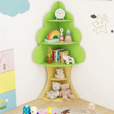 Detská drevená knižnica v štýle stromčeka s 5 úrovňami, detská polica na hračky, zelená
