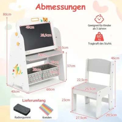 Detský stojan so stoličkou Detská tabuľa s policou a magnetickou tabuľou a tabuľou Sivá Detský stojan so stoličkou Detská tabuľa s policou a magnetickou tabuľou a tabuľou Sivá
