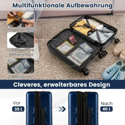 Rozšíriteľný cestovný kufor, ľahký, PC pevný kufor, 20-palcový, bezpečný do lietadla, na kolieskach, námornícka modrá