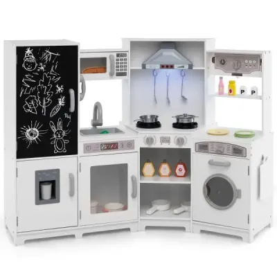 Drevená detská kuchynka so svetlom a zvukom, rohová herná kuchynka s tabuľou, mikrovlnnou rúrou a drezom, drevená kuchynka v bielej farbe