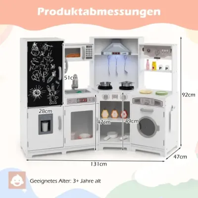 Drevená detská kuchynka so svetlom a zvukom, rohová herná kuchynka s tabuľou, mikrovlnnou rúrou a drezom, drevená kuchynka v bielej farbe Drevená detská kuchynka so svetlom a zvukom, rohová herná kuchynka s tabuľou, mikrovlnnou rúrou a drezom, drevená kuchynka v bielej farbe