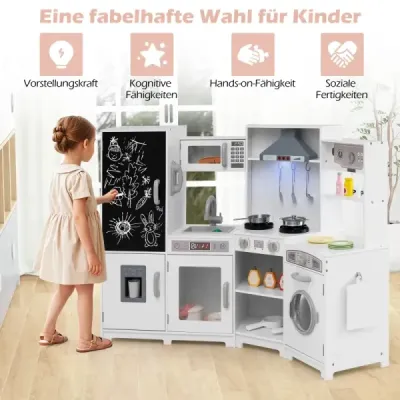 Drevená detská kuchynka so svetlom a zvukom, rohová herná kuchynka s tabuľou, mikrovlnnou rúrou a drezom, drevená kuchynka v bielej farbe Drevená detská kuchynka so svetlom a zvukom, rohová herná kuchynka s tabuľou, mikrovlnnou rúrou a drezom, drevená kuchynka v bielej farbe