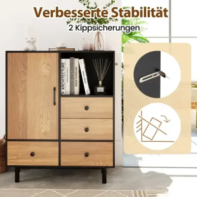Stredoveká moderná úložná skrinka so 4 zásuvkami a otvoreným priestorom, čierna