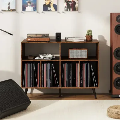 3-úrovňový stojan na gramofóny s policami na vinylové gramofóny, hnedá skrinka na gramofóny 3-úrovňový stojan na gramofóny s policami na vinylové gramofóny, hnedá skrinka na gramofóny