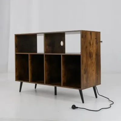 3-úrovňový stojan na gramofóny s nabíjacou stanicou a hnedými policami na vinylové platne