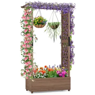 Vyvýšený záhon s mriežkou a závesnou strechou, kvetináč s mriežkou 110 x 44 x 182 cm hnedý