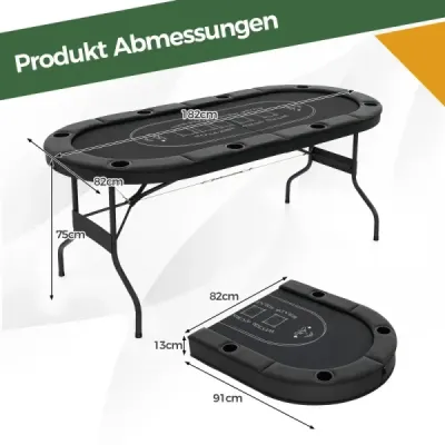 Skladací pokrový stôl pre 8 hráčov s držiakmi na poháre a polstrovanými podrúčkami, čierny