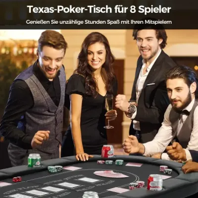 Skladací pokrový stôl pre 8 hráčov s držiakmi na poháre a polstrovanými podrúčkami, čierny