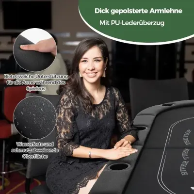 Skladací pokrový stôl pre 8 hráčov s držiakmi na poháre a polstrovanými podrúčkami, čierny