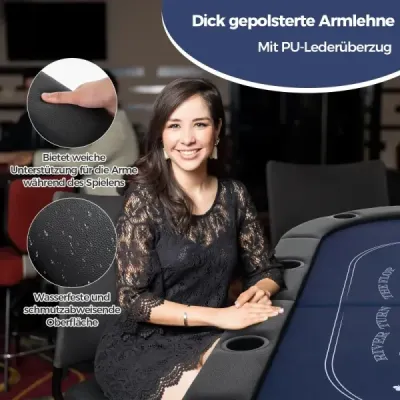 Skladací pokrový stôl pre 8 hráčov s držiakmi na poháre a polstrovanými podrúčkami, modrý