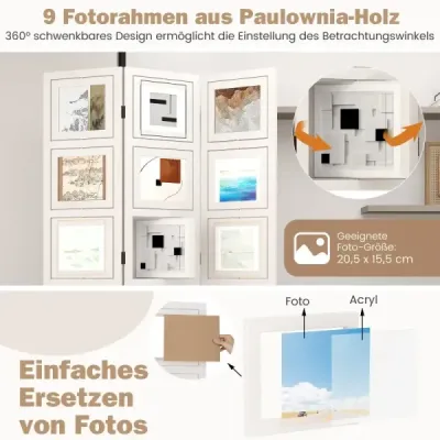 Skladacia zástena 170 x 121 cm s 360° otočnými 9 fotorámikmi, deliaca stena z bieleho dreva paulownia Skladacia zástena 170 x 121 cm s 360° otočnými 9 fotorámikmi, deliaca stena z bieleho dreva paulownia