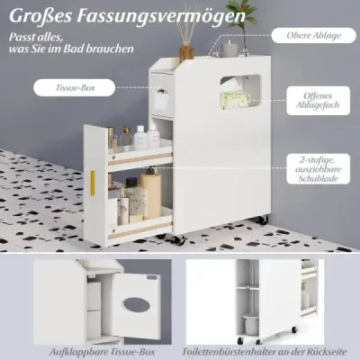 Malá kúpeľňová skrinka 16 cm, tenký organizér s výsuvnou zásuvkou, box na vreckovky, biela