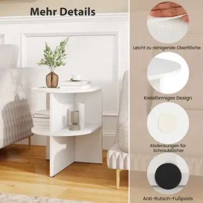 Súprava 2 polkruhových príručných stolíkov 2-poschodový nočný stolík s otvorenými policami Konferenčné stolíky 38 x 38 x 485 cm Biela