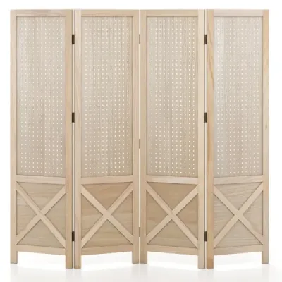 4-dielna  skladacia deliaca stena, voľne stojaca zástena na ochranu súkromia s rámom z masívneho dreva, prírodná