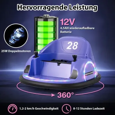 Detské elektrické autíčko s otočným motorom 12V, 360°, s diaľkovým ovládaním, fialové