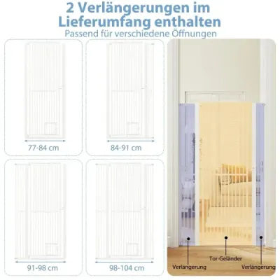 Vysoká kovová bezpečnostná brána pre domáce zvieratá s 2 rozširujúcimi súpravami, bez nutnosti vŕtania, 77-104 cm x 171 cm, biela