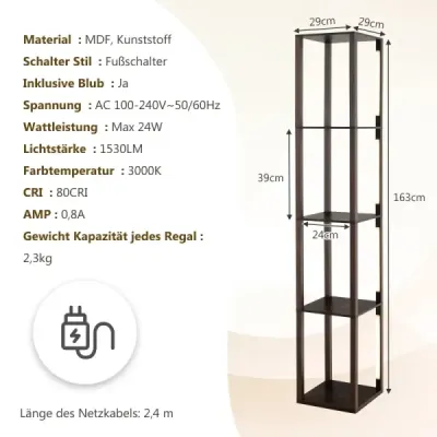 163 cm polica na stojaciu lampu, moderná úložná polica na stojaciu lampu s 3-stupňovým stmievateľným LED svetlom, hnedá