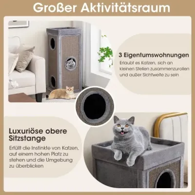4-poschodová mačacia búda s výškou 99 cm, mačací byt so škrabadlami, 3 úkrytmi, sivá