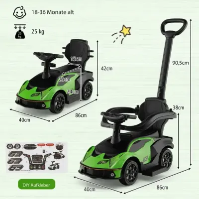 Odrážadlo Lamborghini s rukoväťou a úložným priestorom. Odrážadlo s volantom. Zelené.