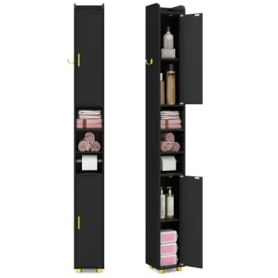 179 cm Úzka kúpeľňová polica s 2 dvierkami a nastaviteľnými policami Úložná polica čierna