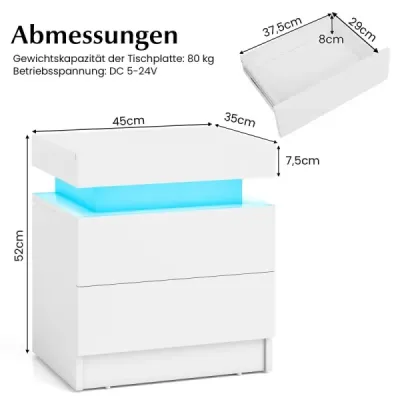 Nočný stolík s LED osvetlením Nočná komoda s 2 zásuvkami Moderný nočný stolík biely Nočný stolík s LED osvetlením Nočná komoda s 2 zásuvkami Moderný nočný stolík biely