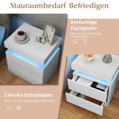 Nočný stolík s LED osvetlením Nočná komoda s 2 zásuvkami Moderný nočný stolík biely Nočný stolík s LED osvetlením Nočná komoda s 2 zásuvkami Moderný nočný stolík biely
